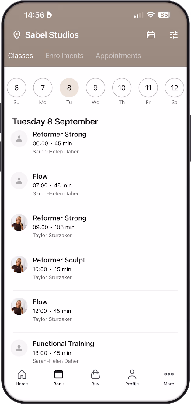The Sabél Studios app showing the day’s class schedule with times and instructors