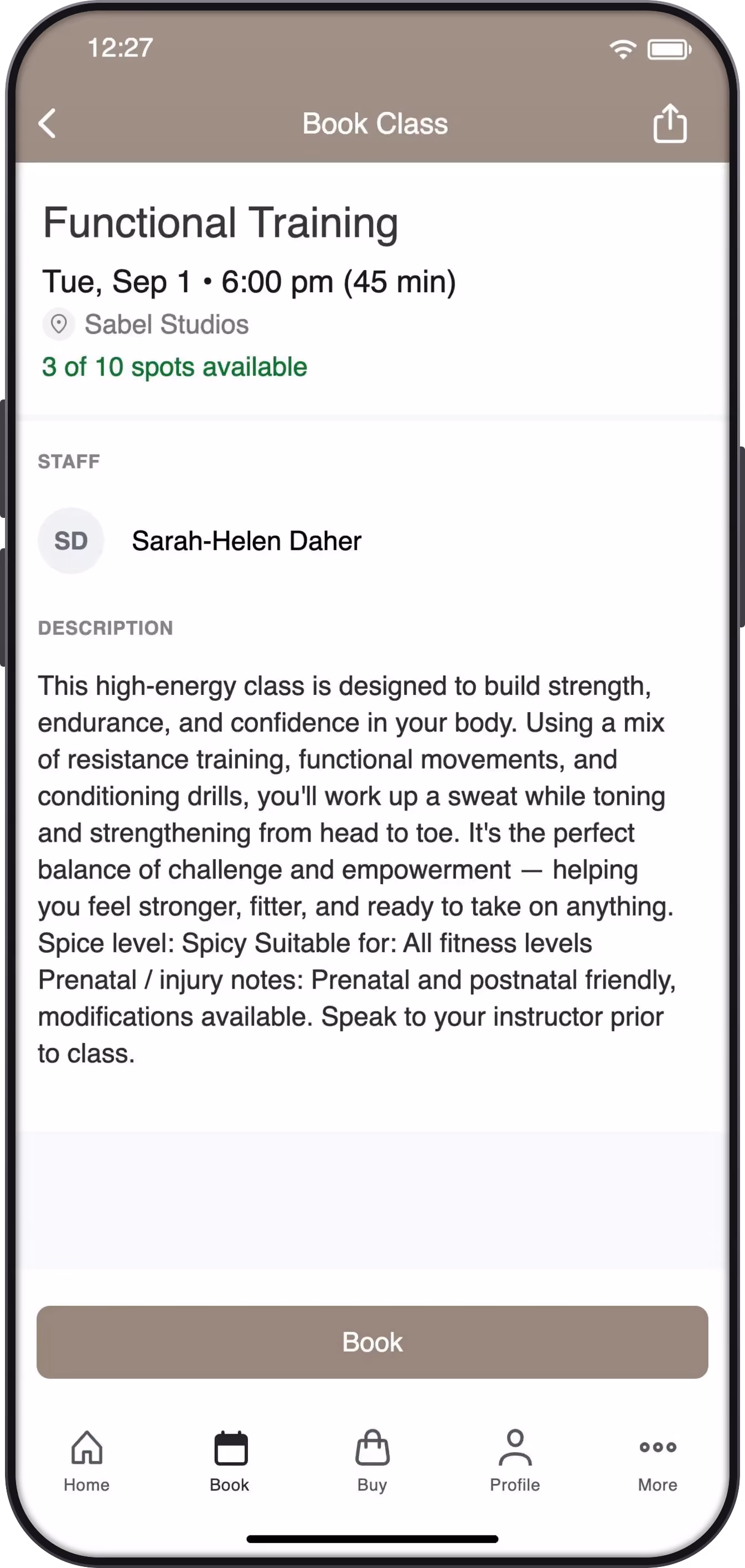 The Sabél Studios app showing a class detail page with availability and a Book button