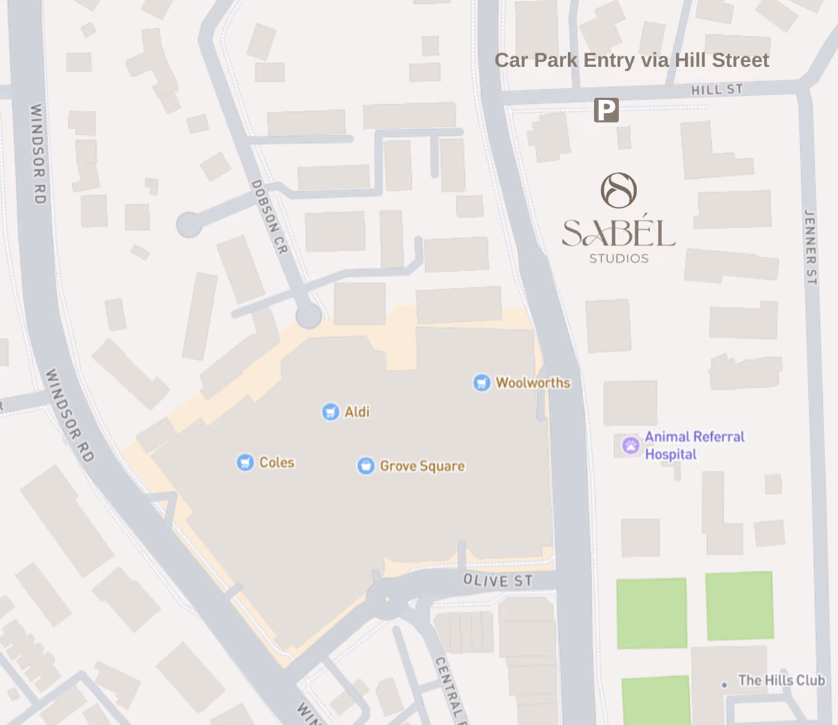 Map showing Sabél Studios opposite Grove Square in Baulkham Hills, with parking access from Hill Street near Windsor Road